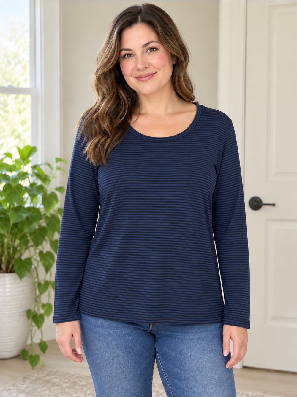 Eddie Bauer Navy and Black Micro-Striped Crewneck Sweater